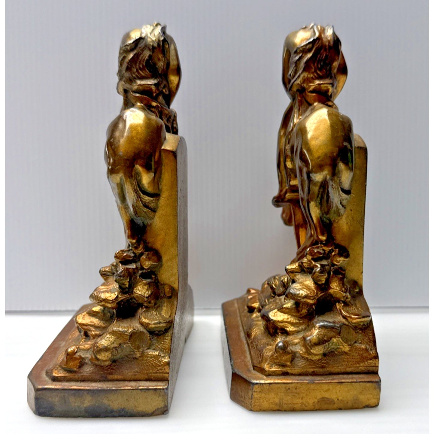 Vintage Ronson Metal Art Horse Rider Bookends Set End of the Trail Cowboy As Is