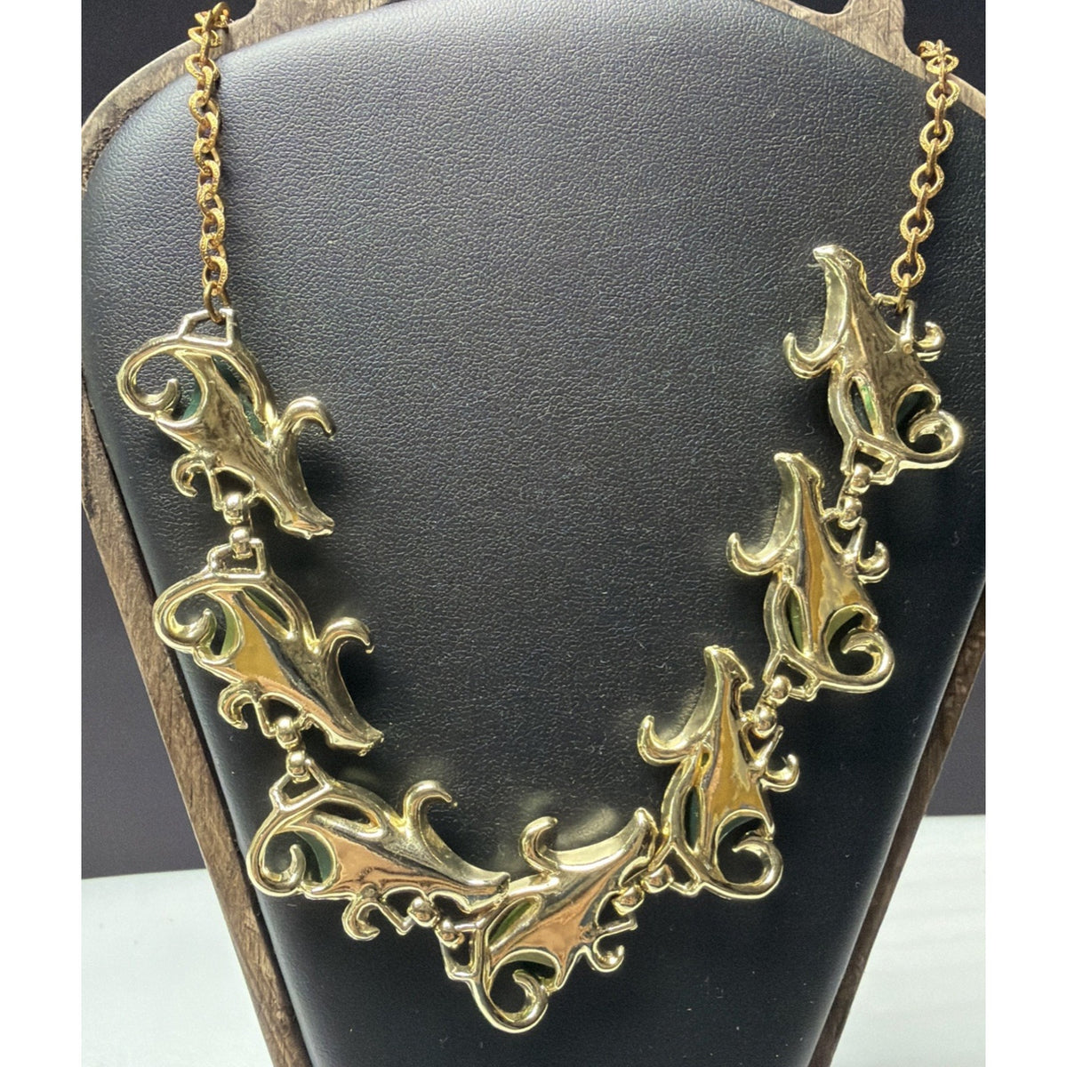 MCM Thermoset Necklace Green Gold Ornate Necklace Adjustable Chain Choker