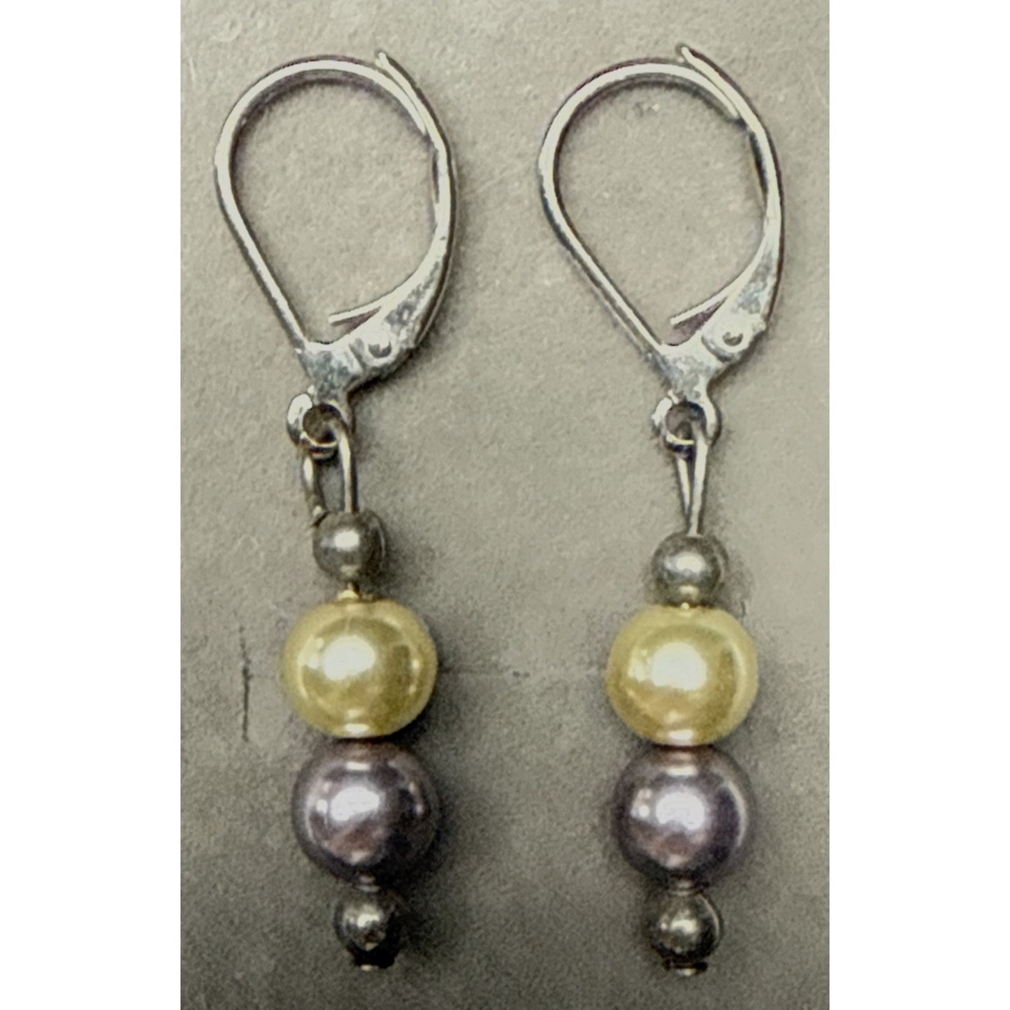 Vtg Purple White Stacked Pearl Leverback Earrings Dangle Drop Sterling Silver