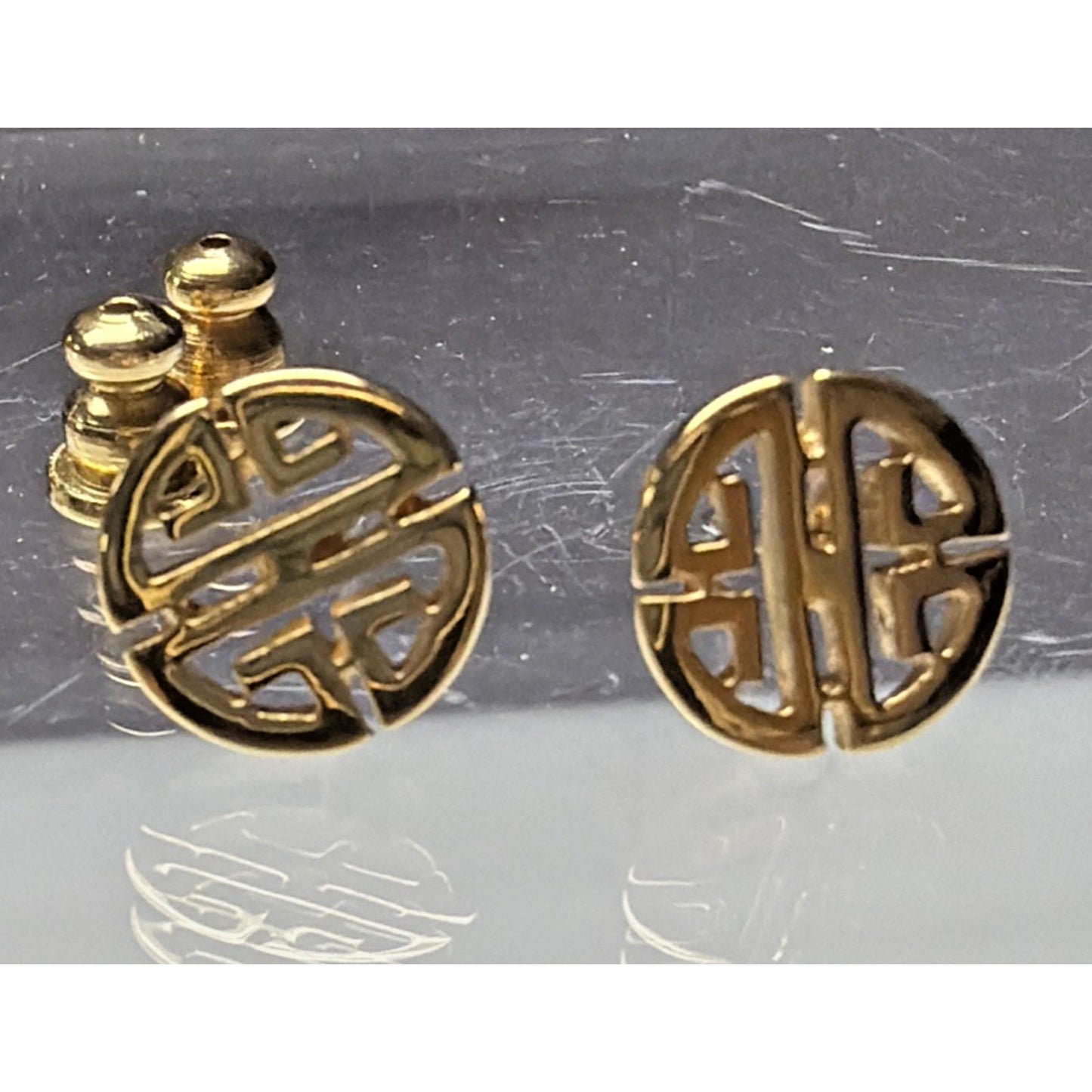 Vtg Crown Trifari Gold Plated Asian Inspired Round Earrings Longevity Post Stud
