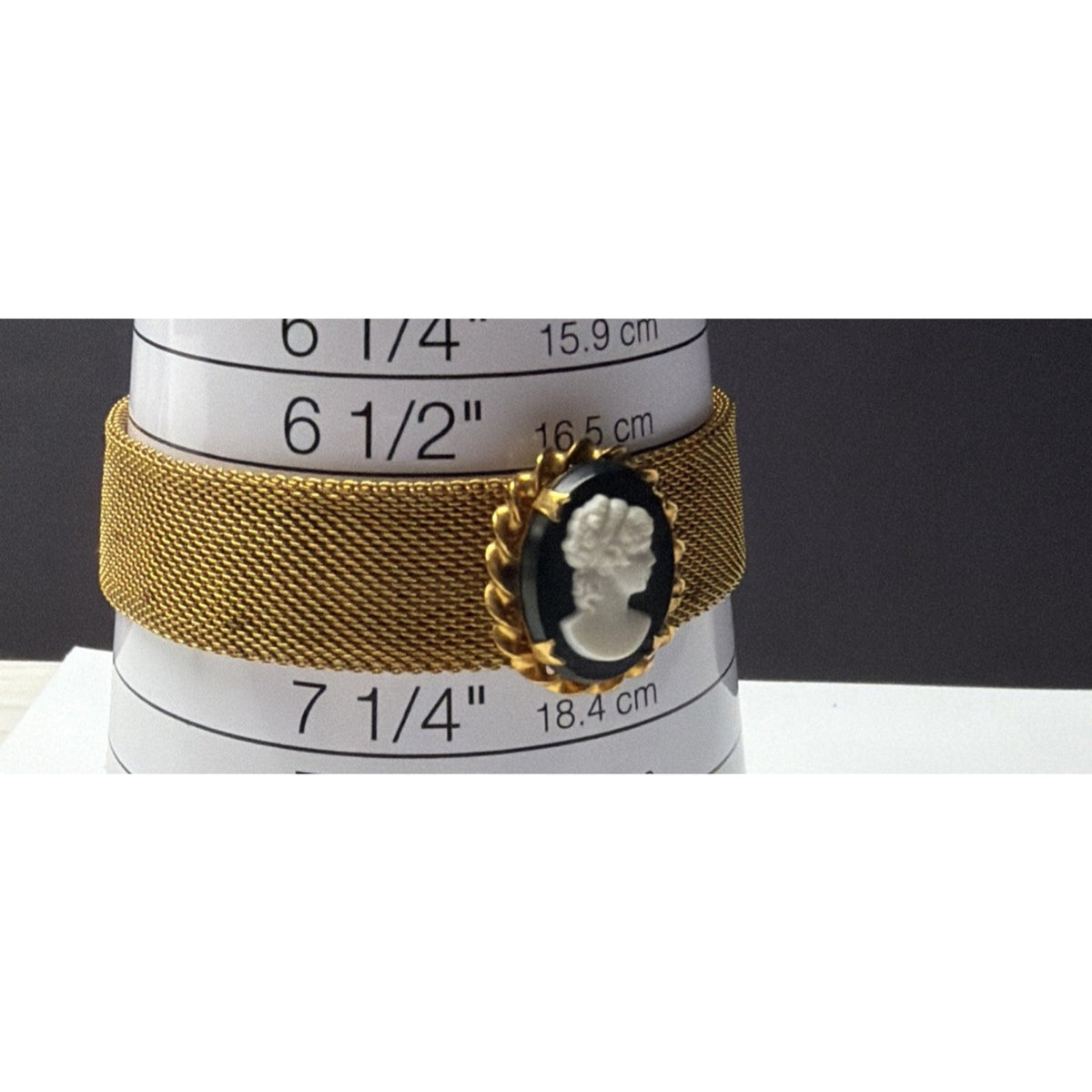Vintage Lot of 2 Cameo Mesh Bracelet Black Gold Tone Pendant Twisted Frame