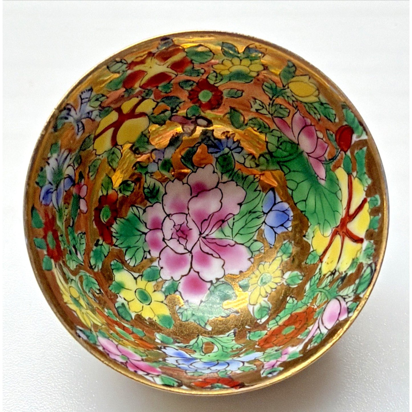 Old Eggshell Porcelain Gilt Enamel Chinese Famille Rose Mille Fleurs Wine Sake