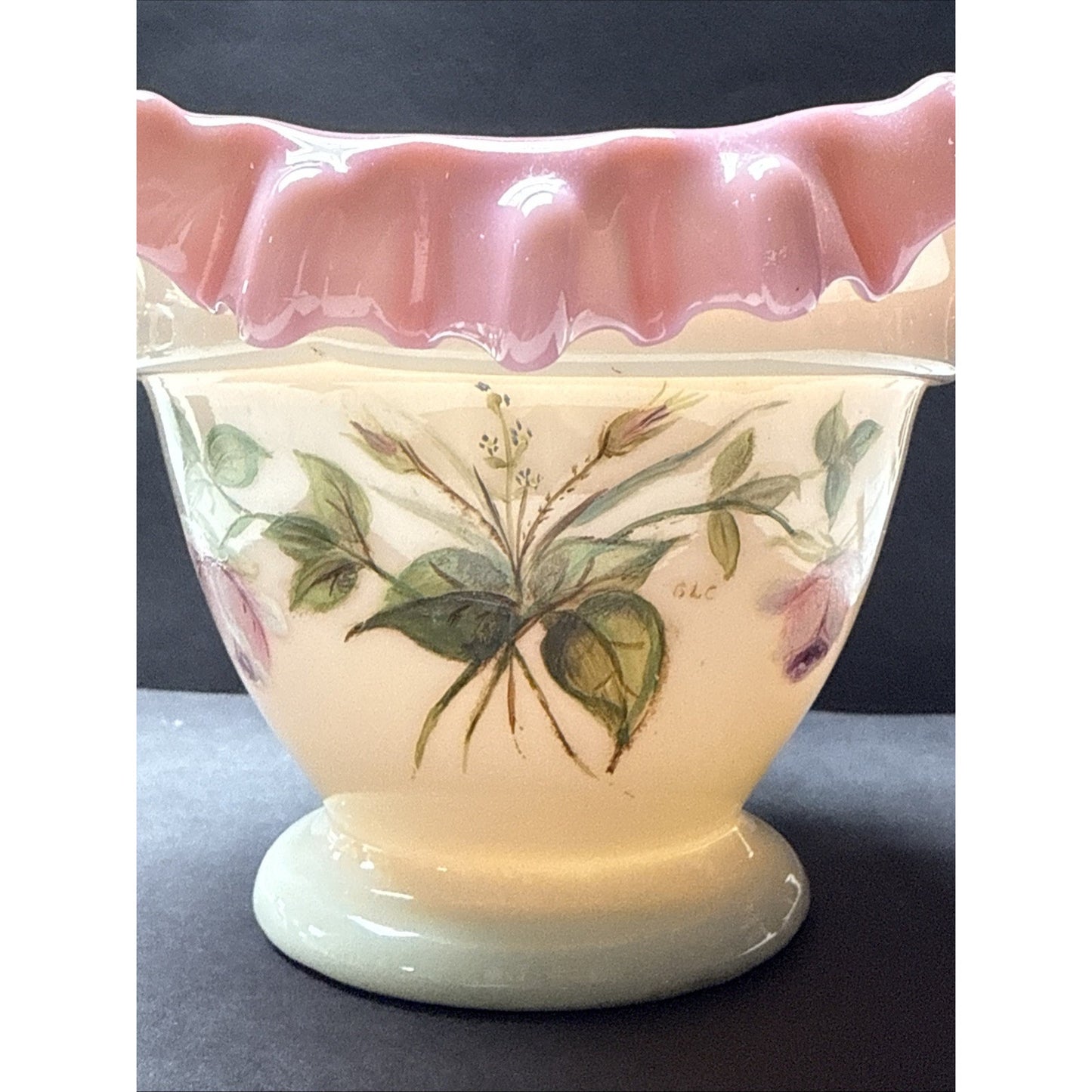 Victorian Peach Blow Vase Bowl Crimped Edge Enameled Floral Footed Signed As-Is