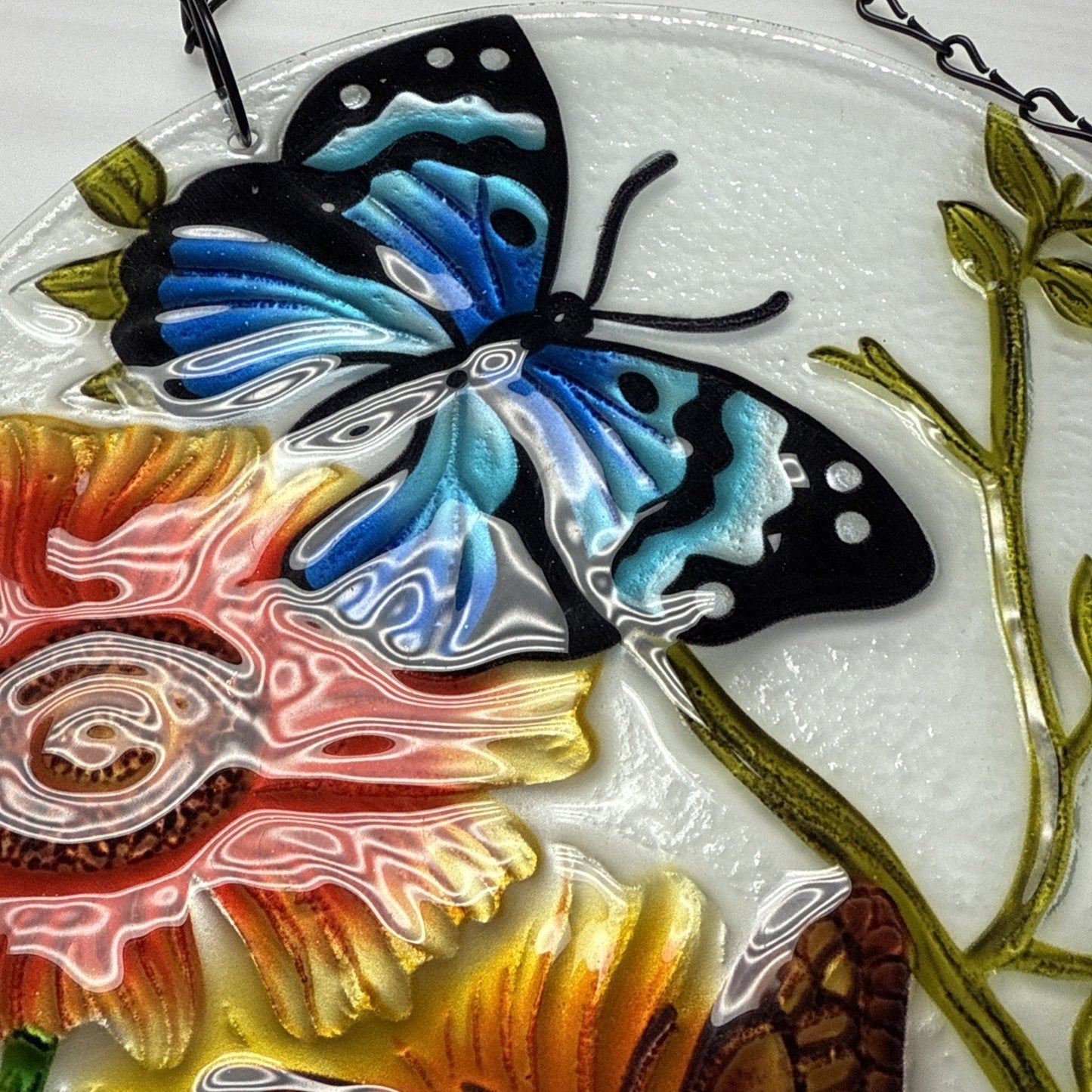 Stained Glass Painted Butterfly Sunflower Suncatcher Rimless Hanging Glass