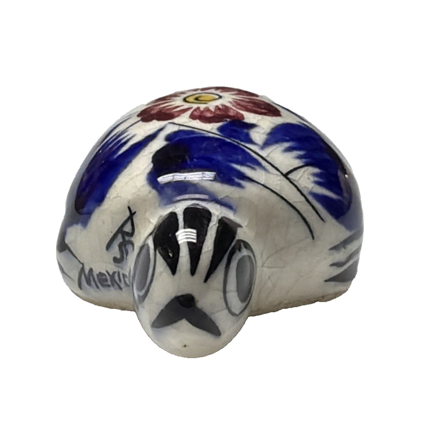 Vtg Mexican Tonala Pottery Mini Turtle Hand Painted Glazed Floral Signed As Is