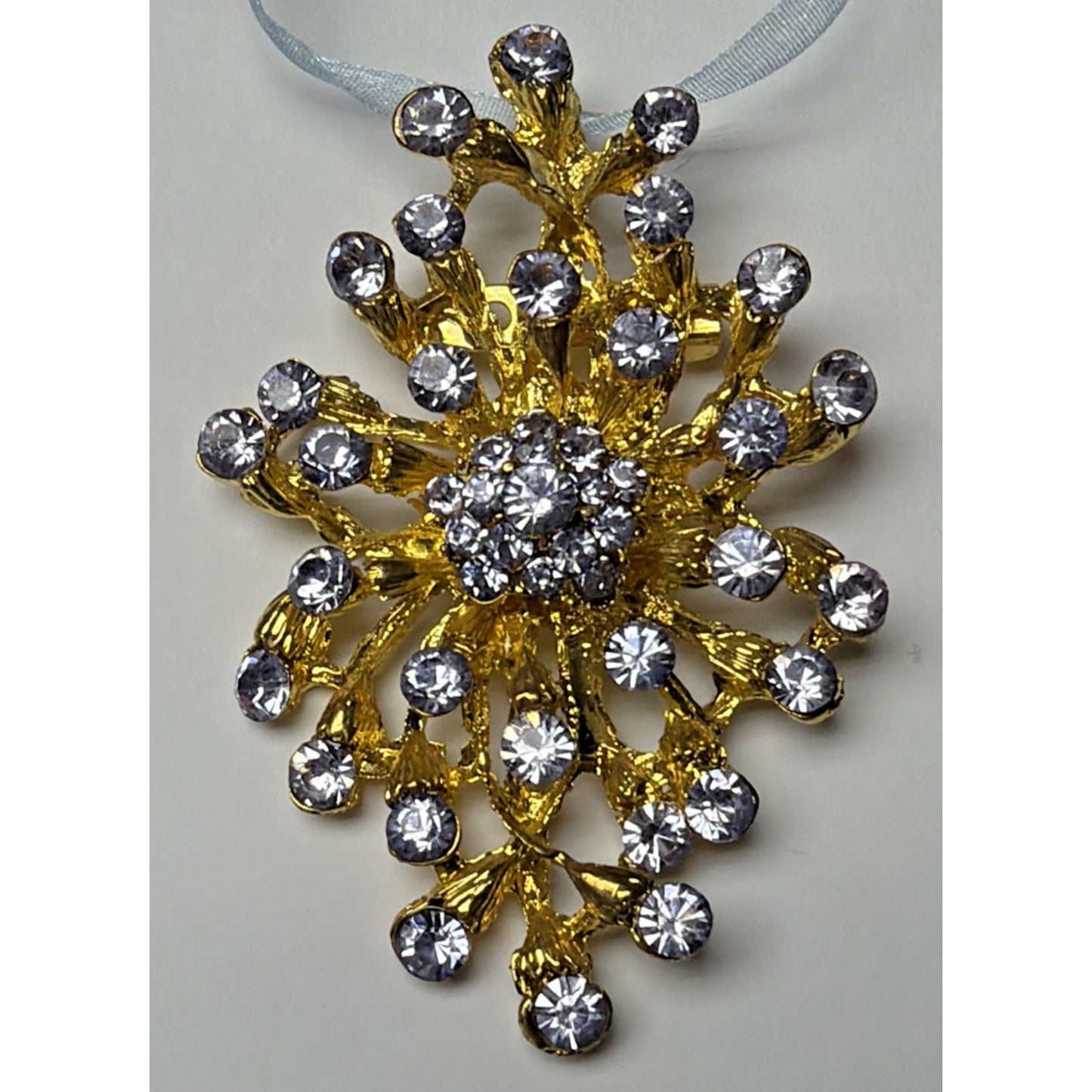 MCM Brutalist Style Blue Rhinestone Crystal Floral Spray Burst Brooch Snowflake