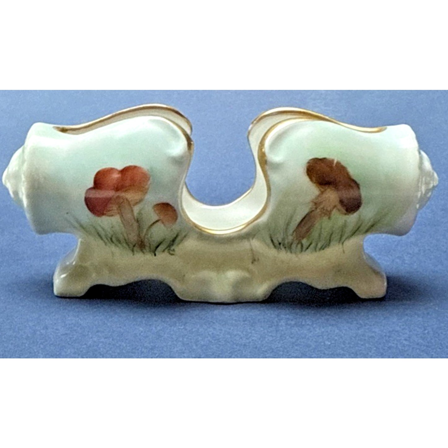 Vintage Porcelain Toothpick Holder Horizontal Hand Painted Mushrooms Gold Footed