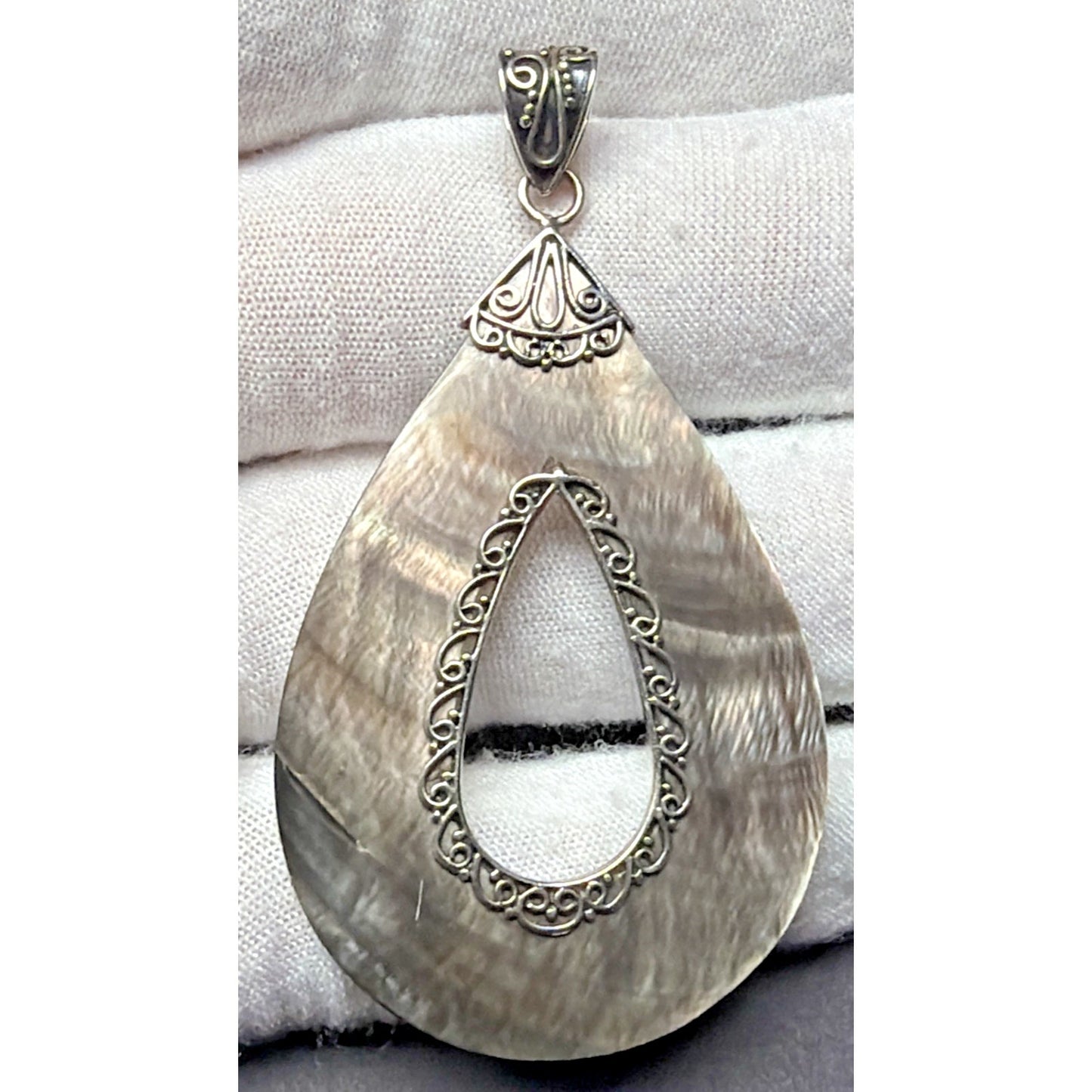 Sterling Silver Abalone MOP Teardrop Pendant Ornate Filigree Bali Style As Is