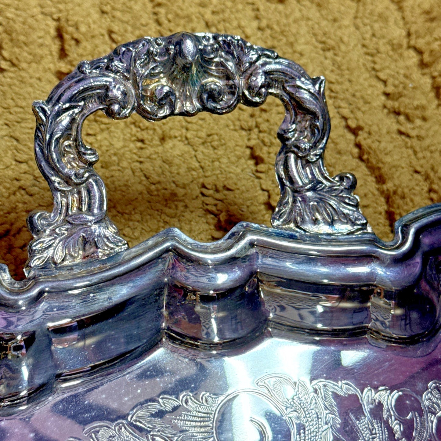 Vtg Silverplate Footed Serving Tray Butler Handles Ornate Engraved Rococo 23.5"