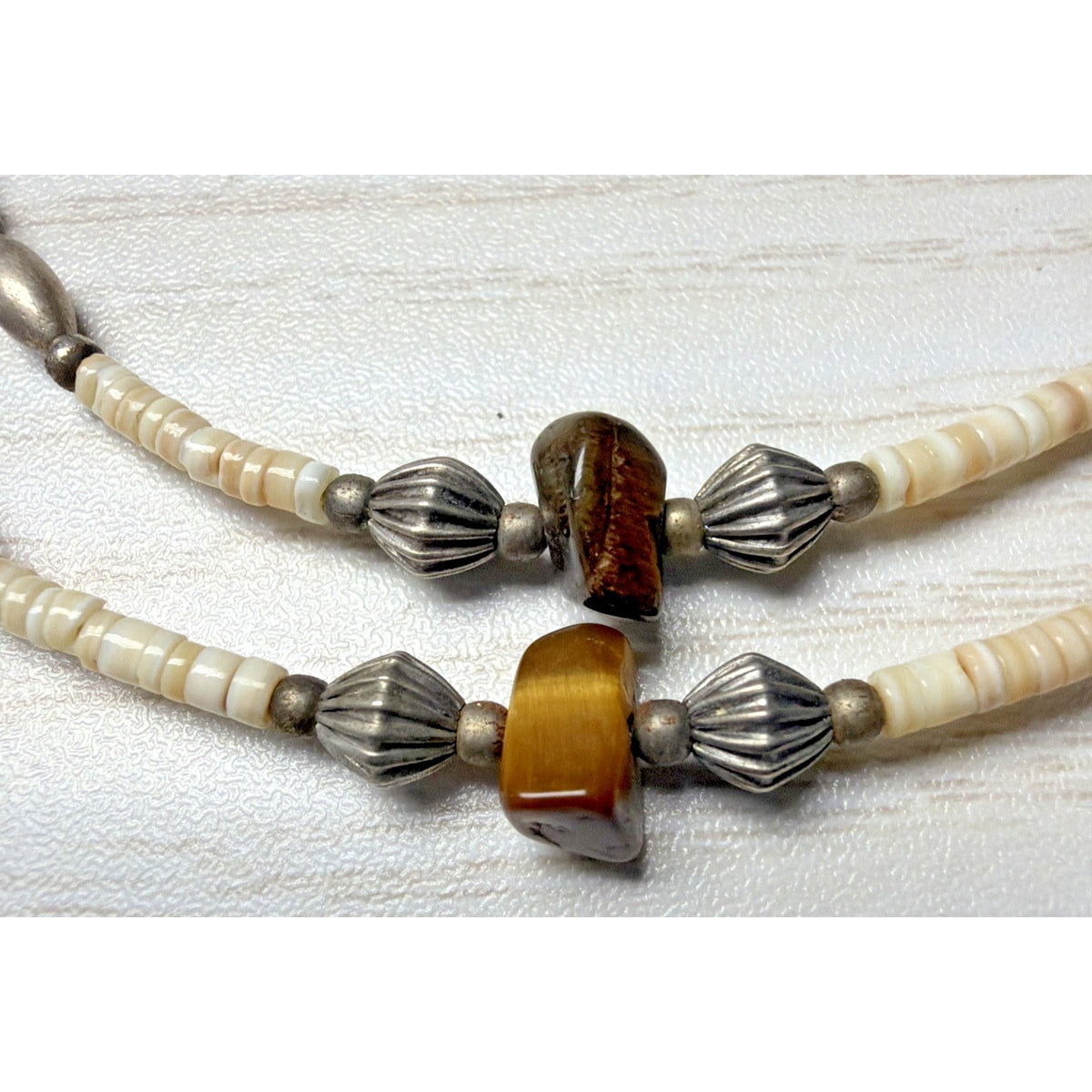 Vtg Liquid Silver Heishi Bead Tigers Eye Stone Necklace Sterling Southwestern