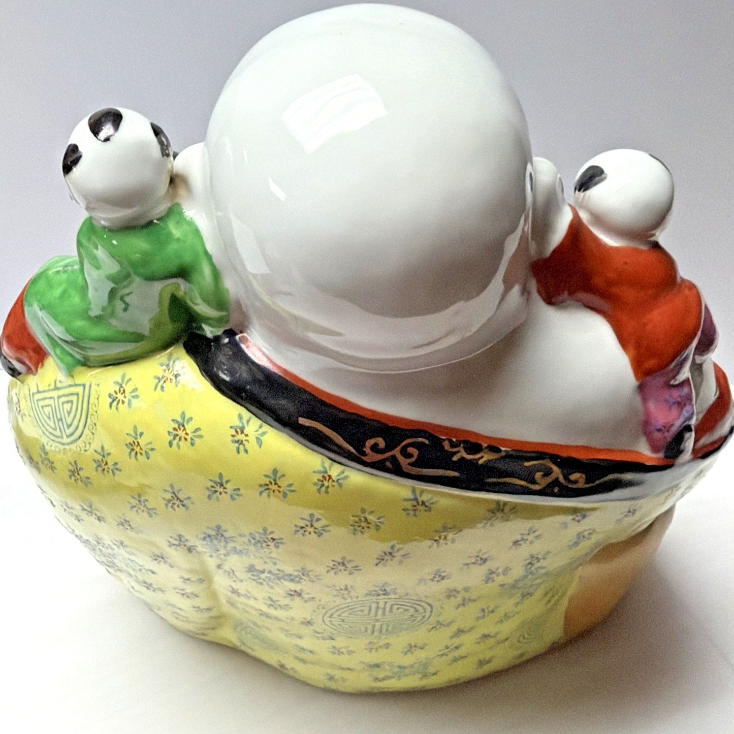Chinese Famille Rose Jaune Laugh Buddha Fertility Painted 5 Children 12" Stamped
