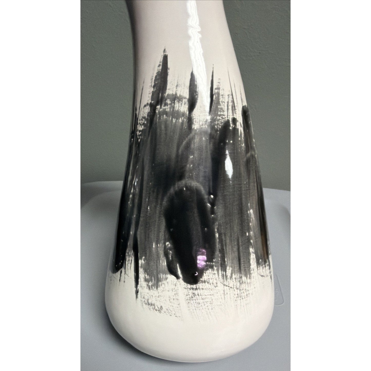 MCM Abstract Art Pottery Vase Black White Brushed Glazed Asymmetrical Signed