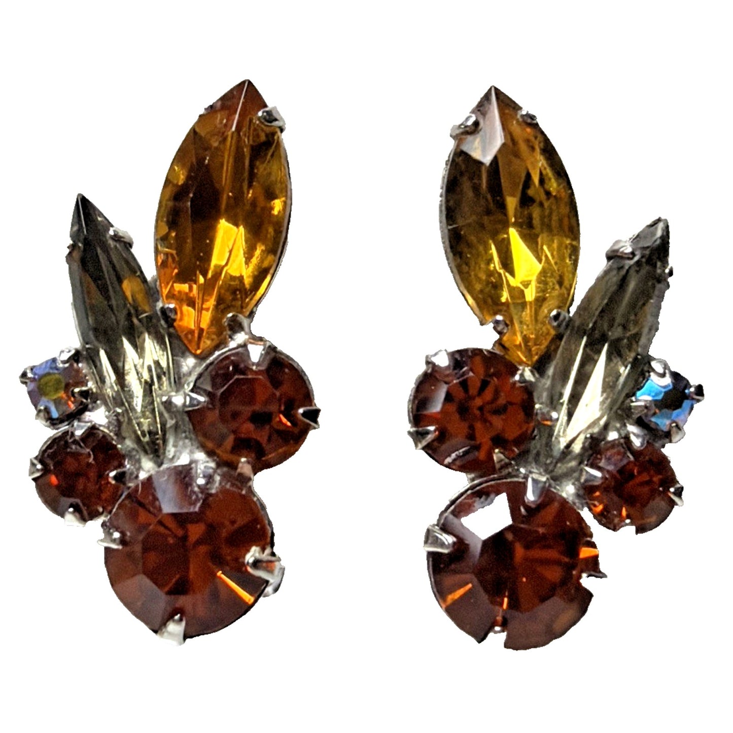 Juliana Smoke Gray Aurora Borealis Amber Topaz Rhinestone Spray Clip Earrings