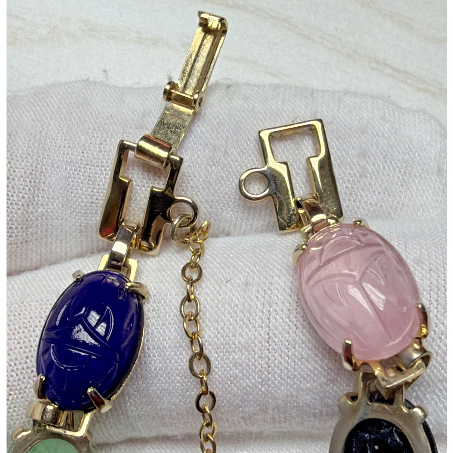 Egyptian Revival Carved Scarab Beatle Bracelet Link Security Chain As Is