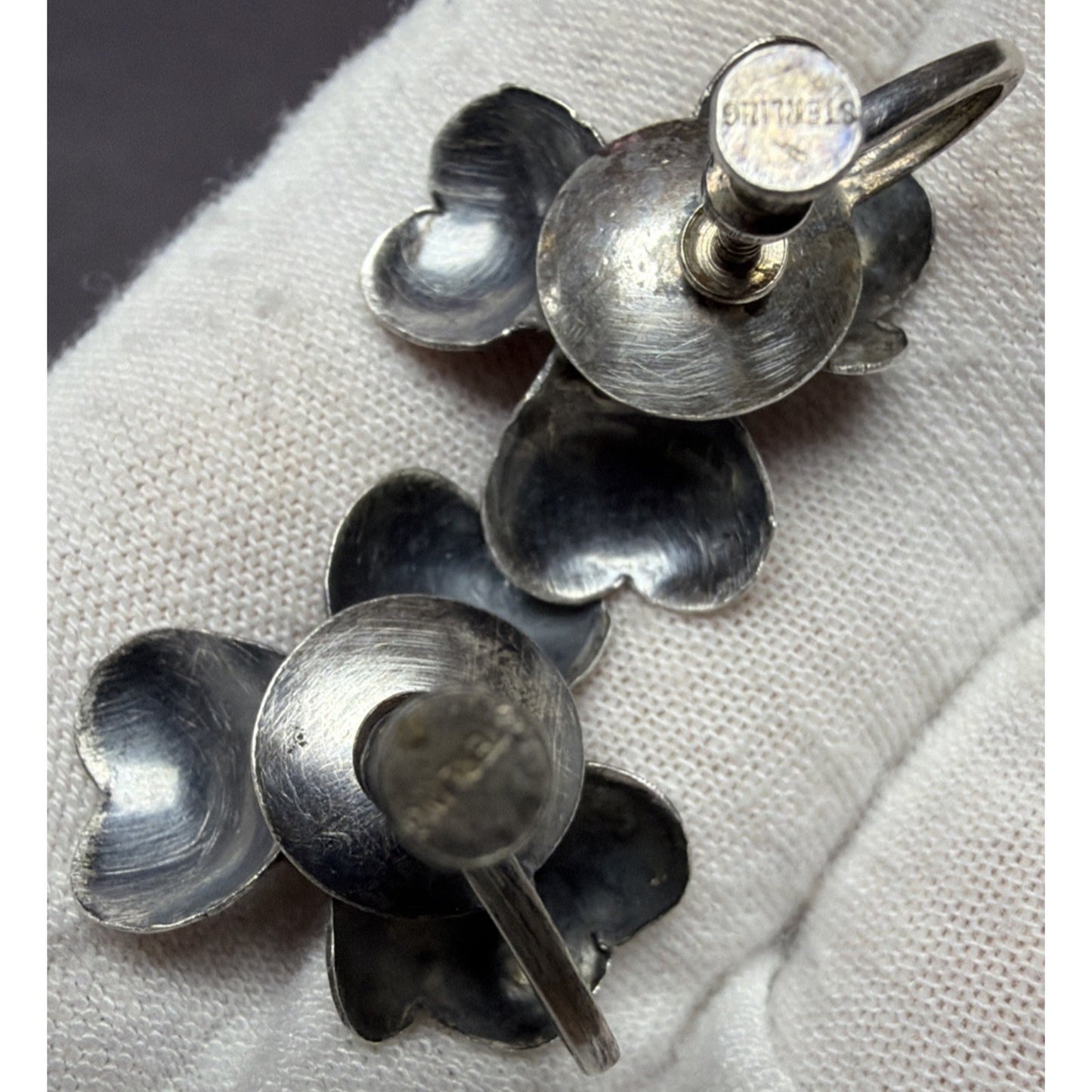 Vintage Sterling Silver Detailed Rose Rosette Flower Screw Back Earrings