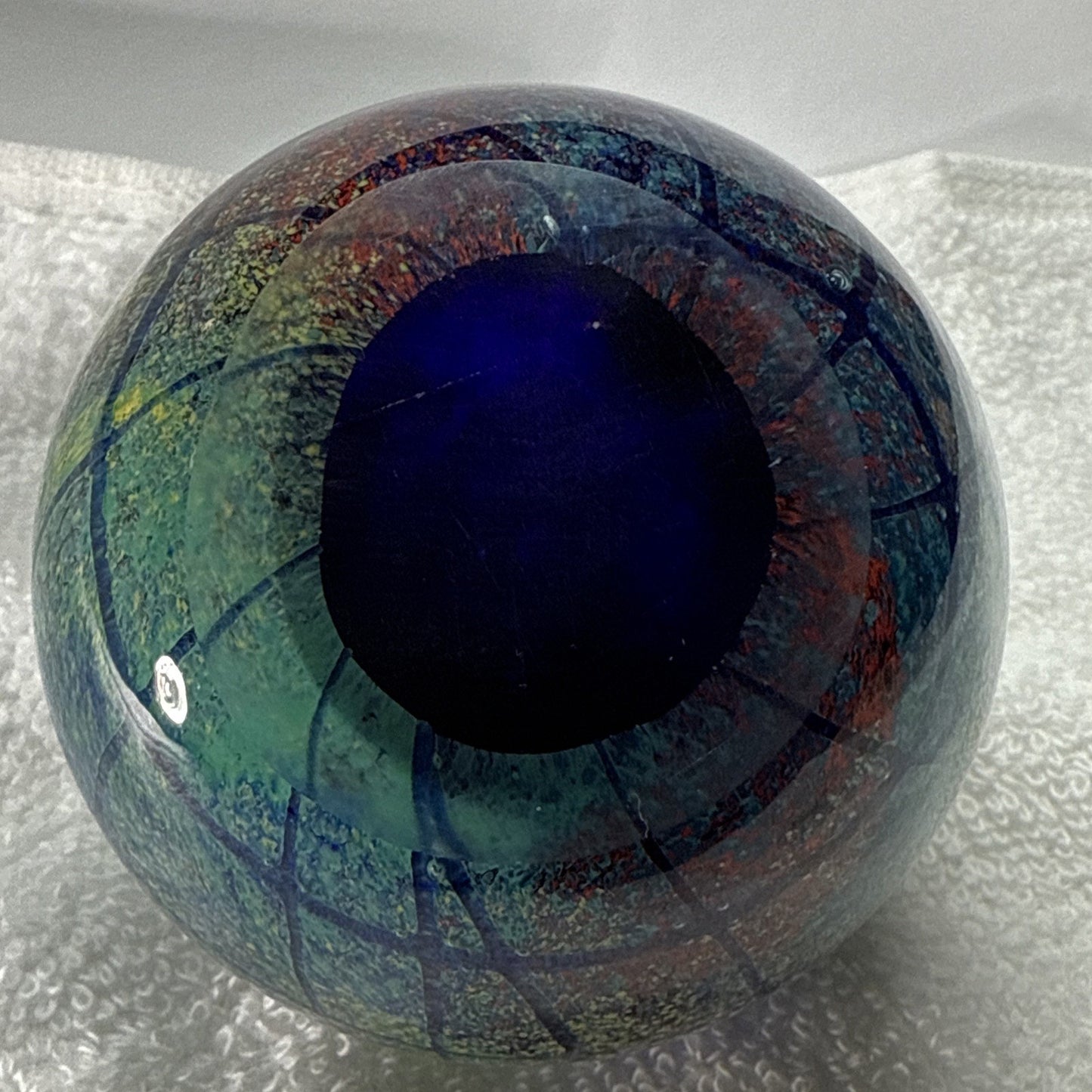 Vtg Art Glass Globe Paperweight Blue Green Confetti Hemisphere Mottled Bubbles