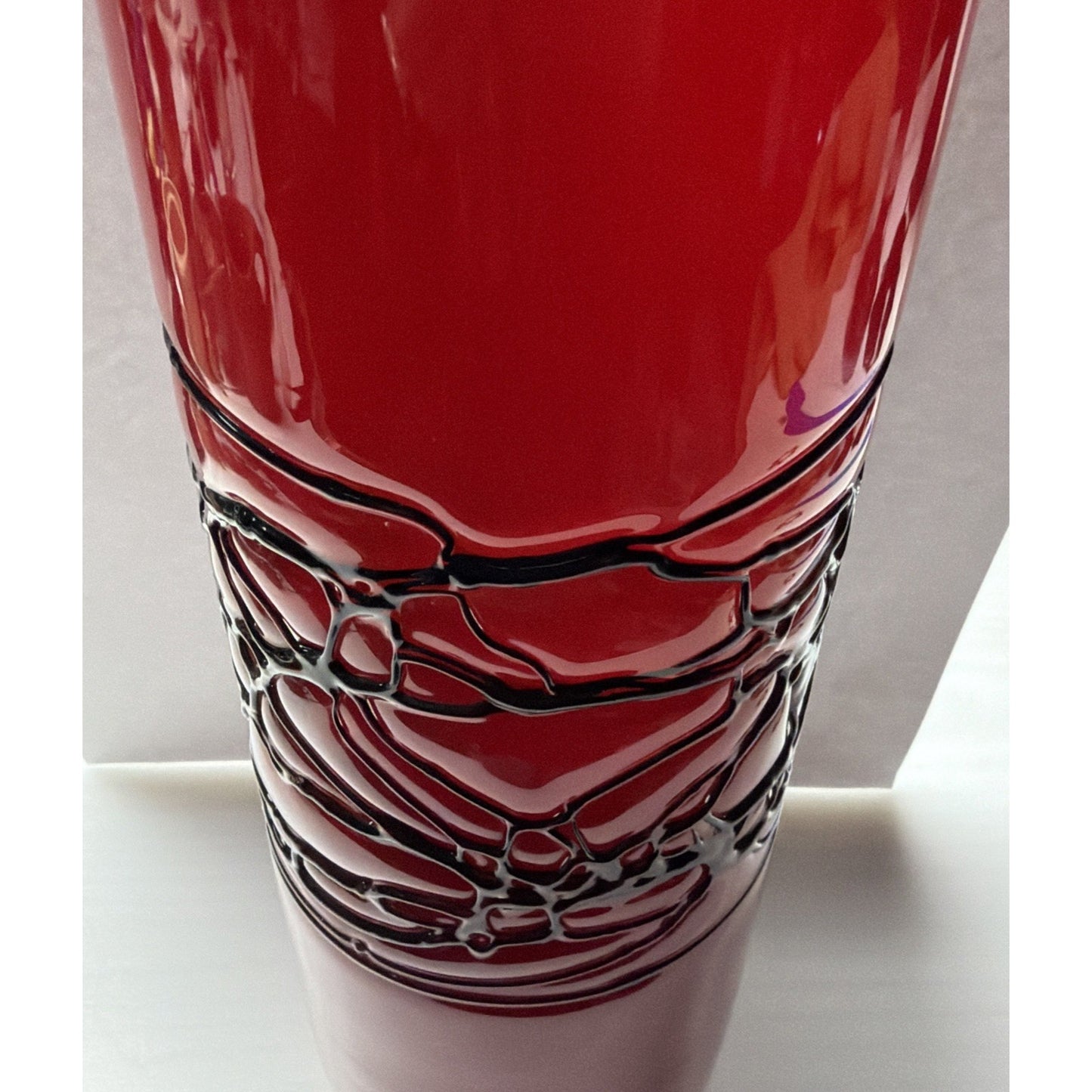 MCM Red Cased White Cylinder Vase Abstract Black Threaded Strapping Large