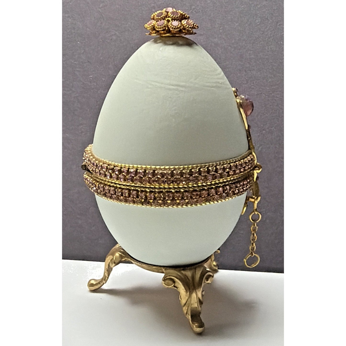 Vtg Pink Faceted Rhinestone Opal Gold Hand Decorated Goose Egg Hinged Footed Box