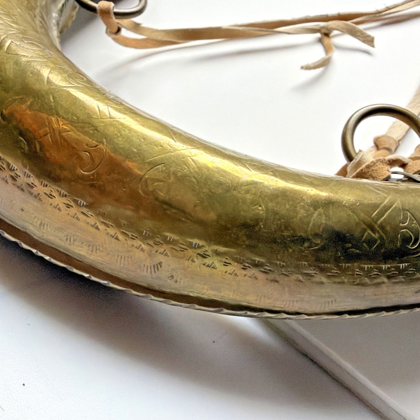 Antique Moroccan Brass Steel Black Powder Horn Flask Shot Strap As Is