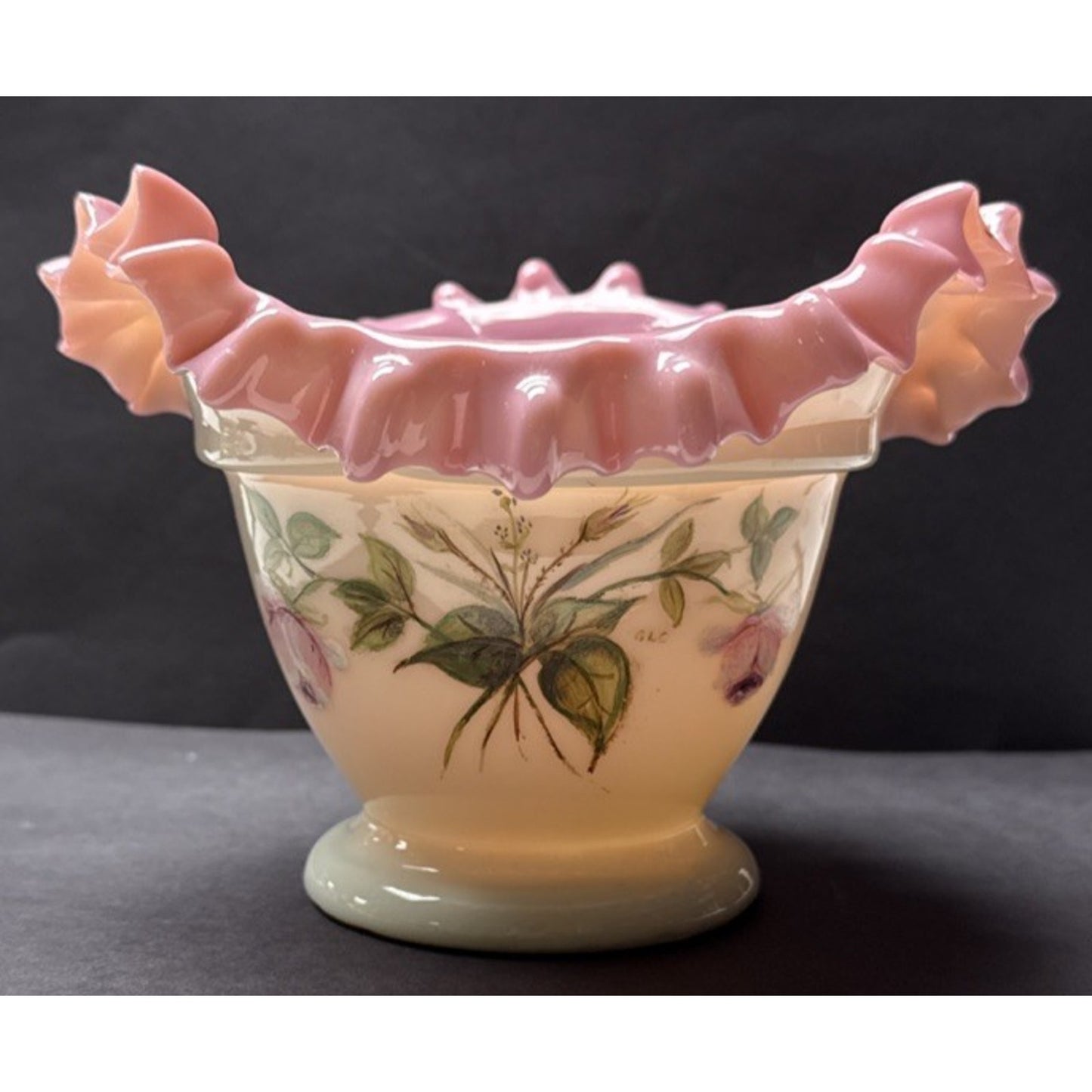 Victorian Peach Blow Vase Bowl Crimped Edge Enameled Floral Footed Signed As-Is