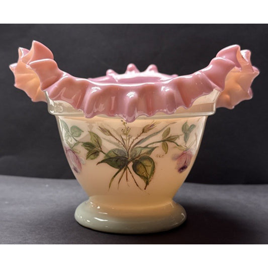 Victorian Peach Blow Vase Bowl Crimped Edge Enameled Floral Footed Signed As-Is