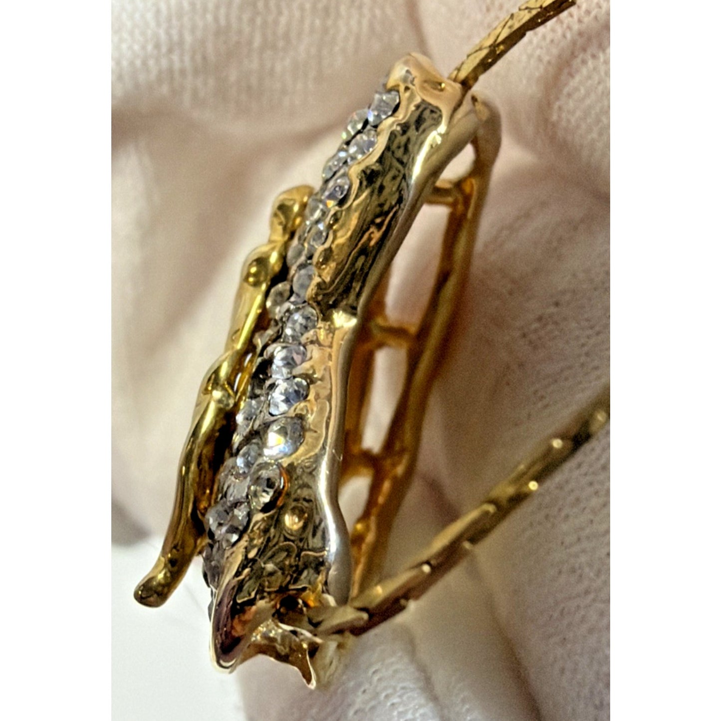 Vintage Gold Tone Rhinestone Pave Heart Slide Pendant Necklace Panther Cat As Is