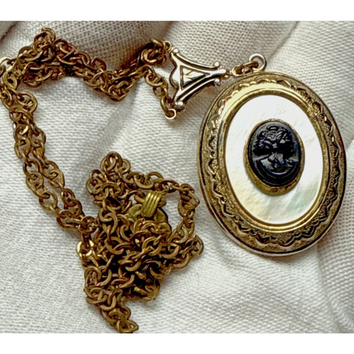 Vintage Black Celluloid Cameo Mother Of Pearl Locket Engraved Pendant Necklace