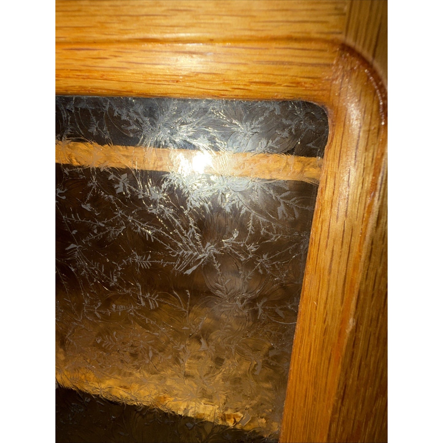 Old Oak Apothecary Cabinet Medicine Curio Textured Etched Glass Wall Mount As Is