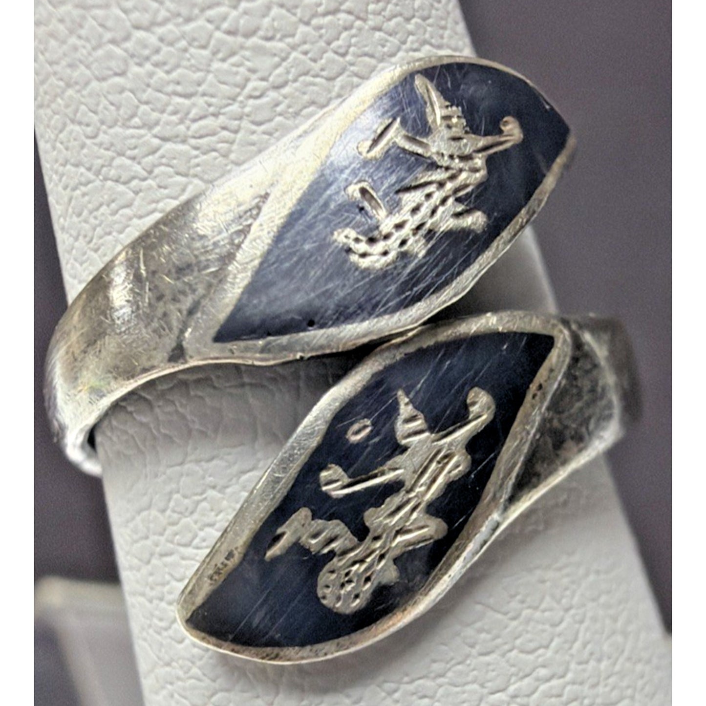 Vintage Sterling Silver Siam Niello Hindu Goddess Adjustable Bypass Ring Size 4