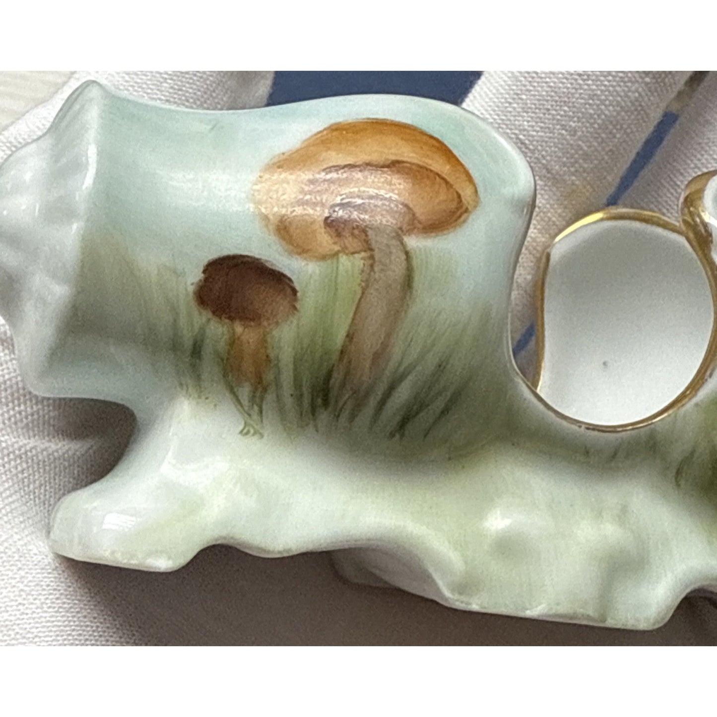 Vintage Porcelain Toothpick Holder Horizontal Hand Painted Mushrooms Gold Footed