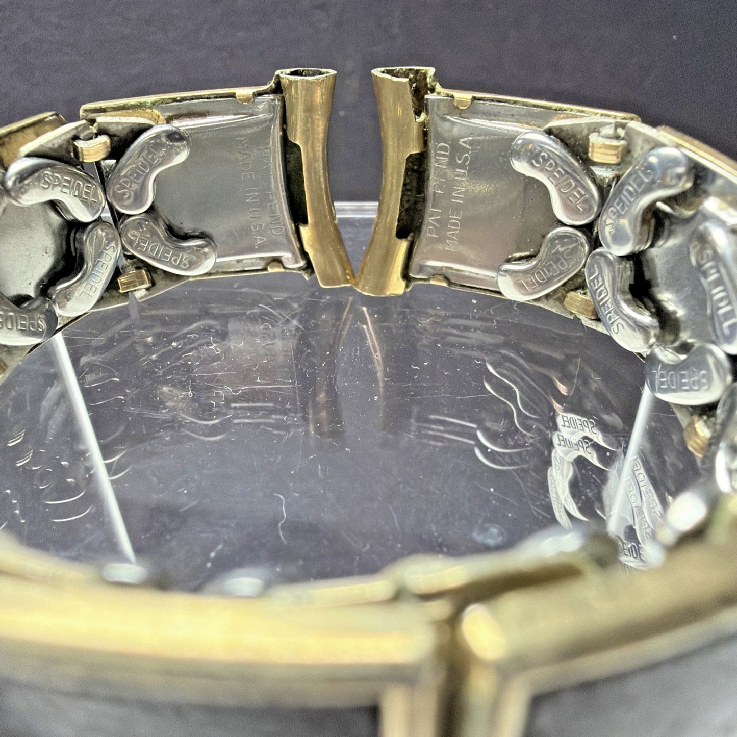 Vtg Speidel Yellow Gold Filled Watch Band Dark Brown Lizard Leather Curved As Is