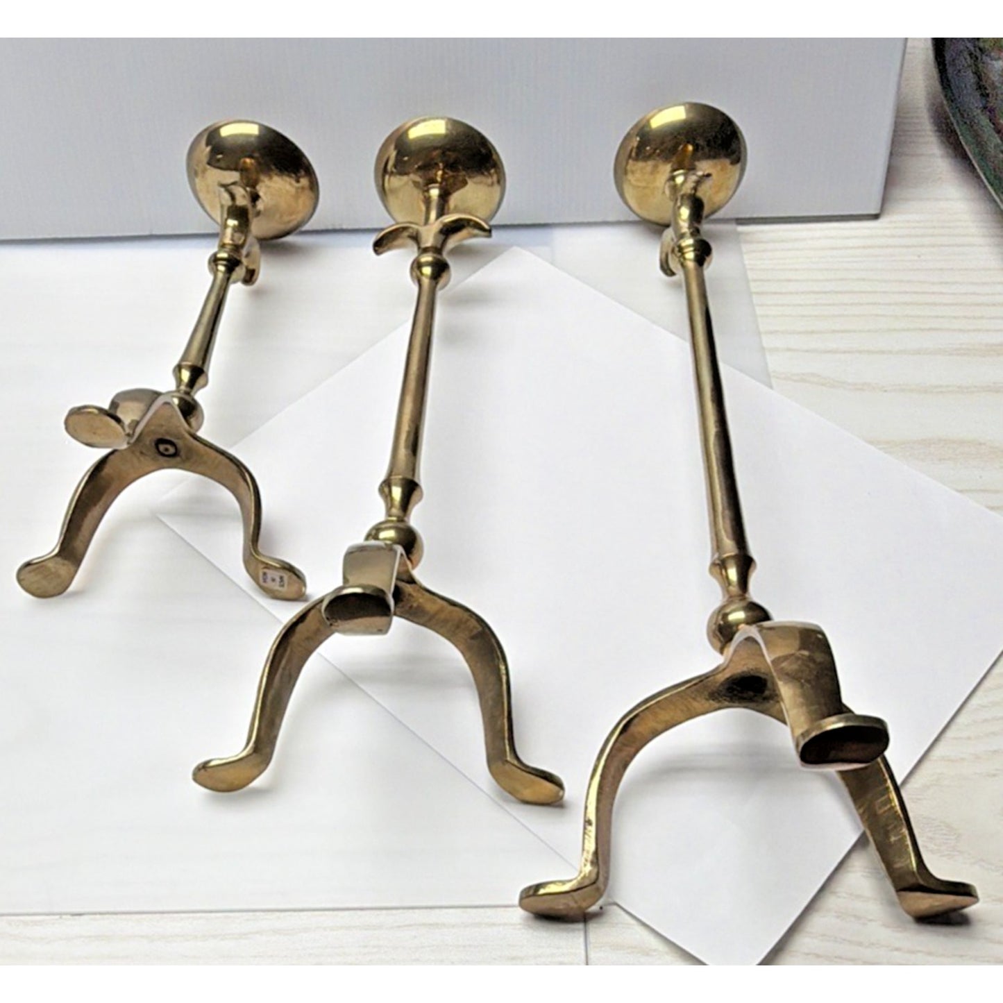 Vintage Lot of 3 Tripod Taper Candle Holders Brass Adirondack Deco Style