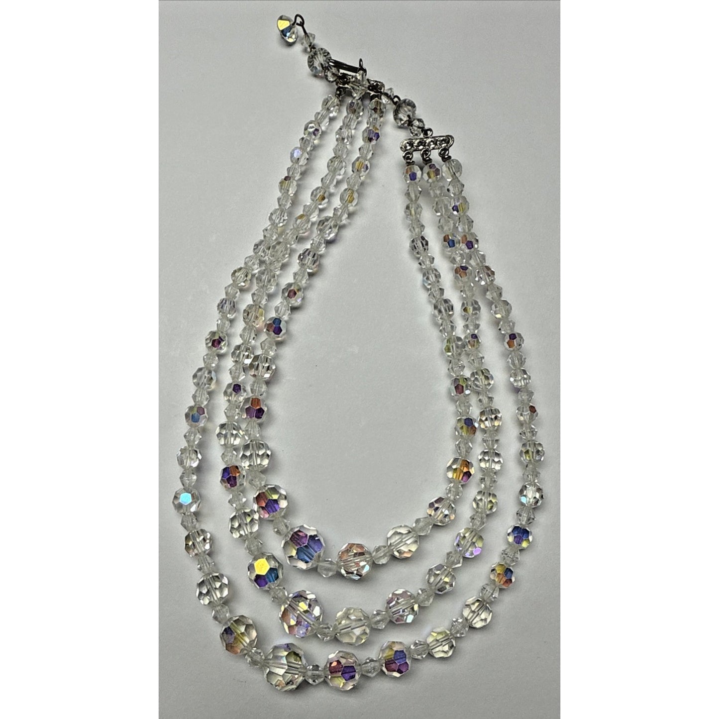 Vintage Triple Strand Necklace Aurora Borealis Crystal Faceted 13" Adjustable