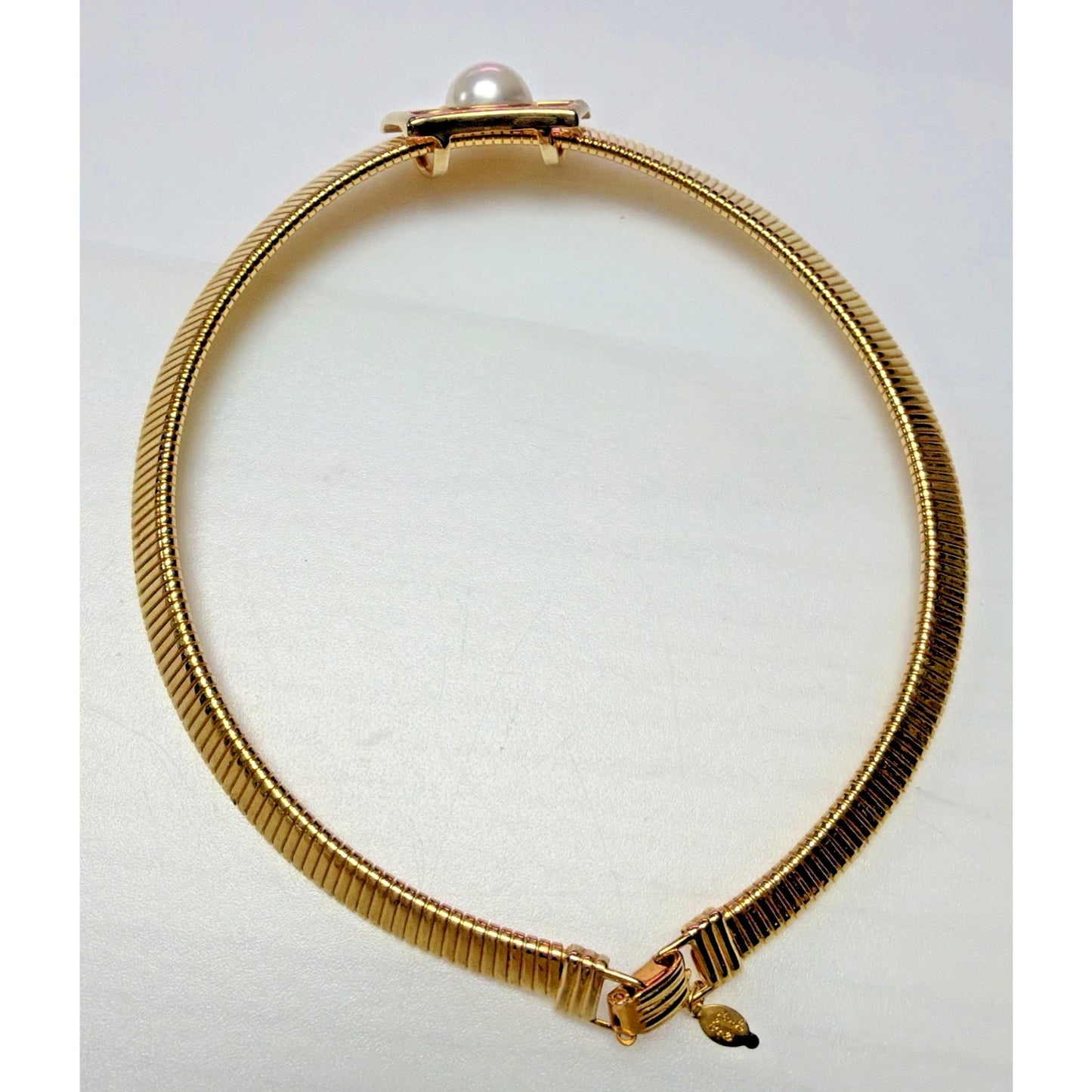 Vtg Park Lane Deco Inspired Collar Necklace Faux Pearl Slider Gold Tone Omega