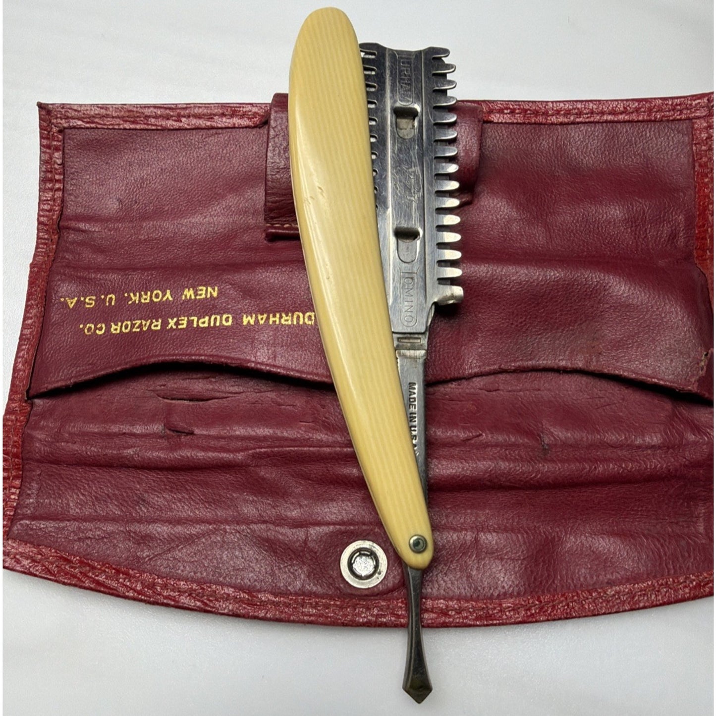 Antique Durham Duplex Razor Co New York Domino Red Leather Case Straight As Is